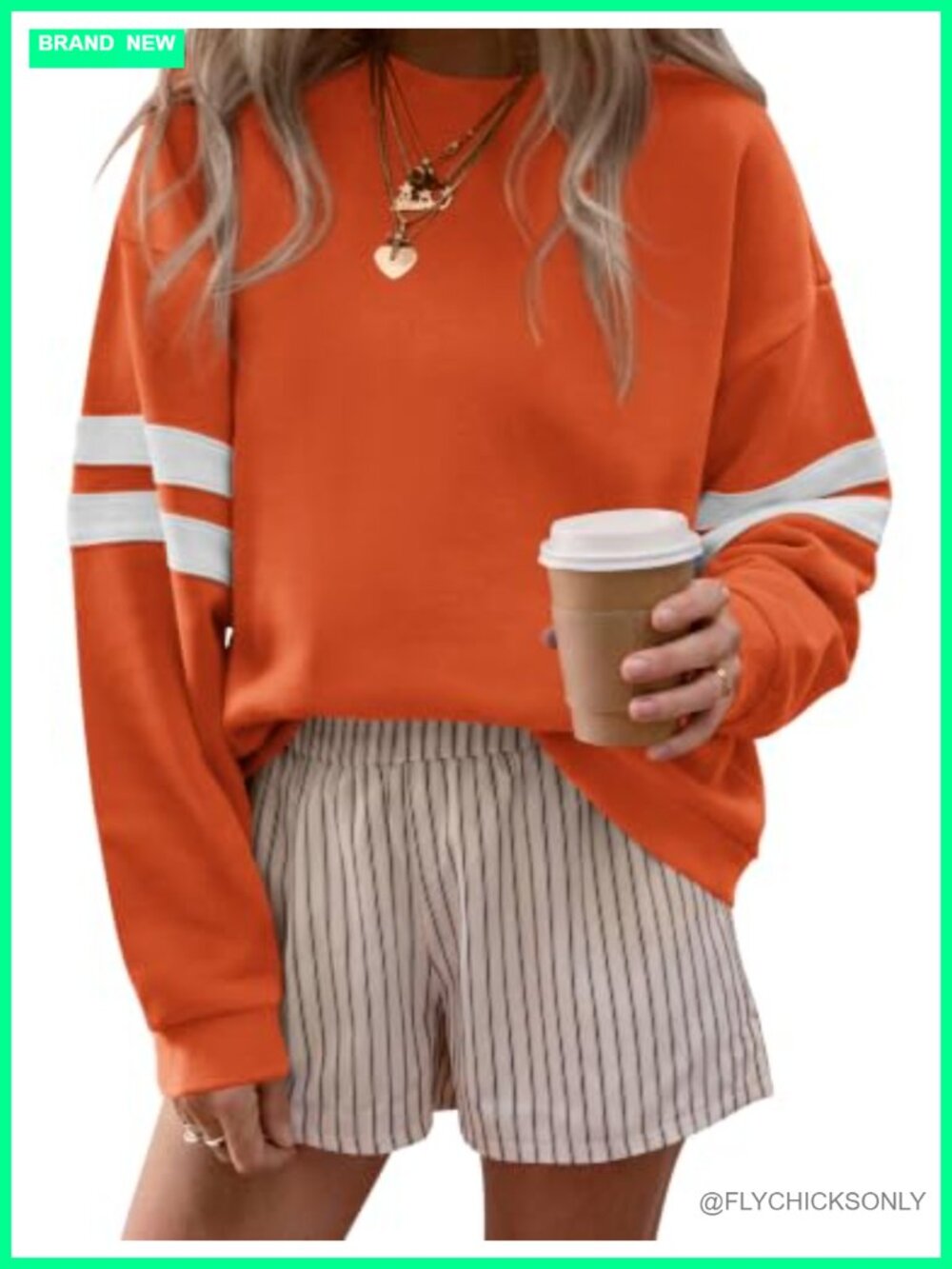 Womens Varsity Striped Crewneck Sweatshirt Long Sleeve Cotton Blend